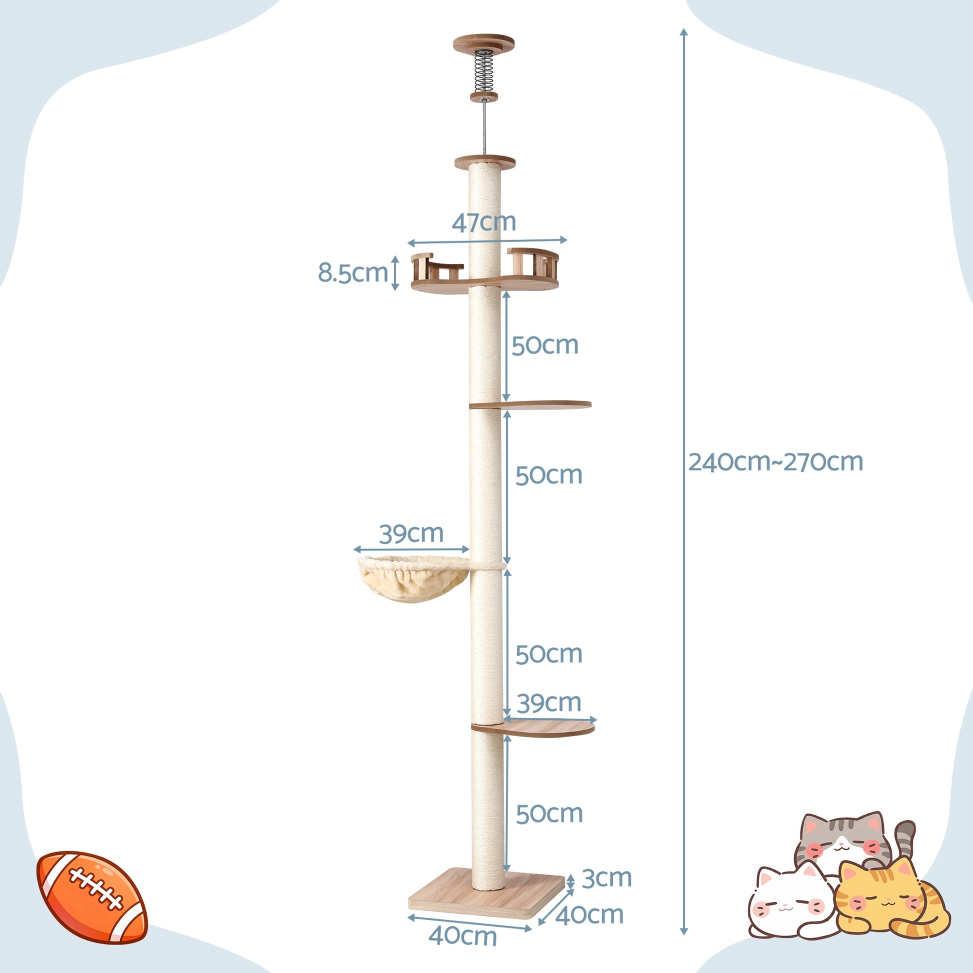i.Pet Cat Tree Tower Floor to Ceiling Scratching Post 270cm Beige-1
