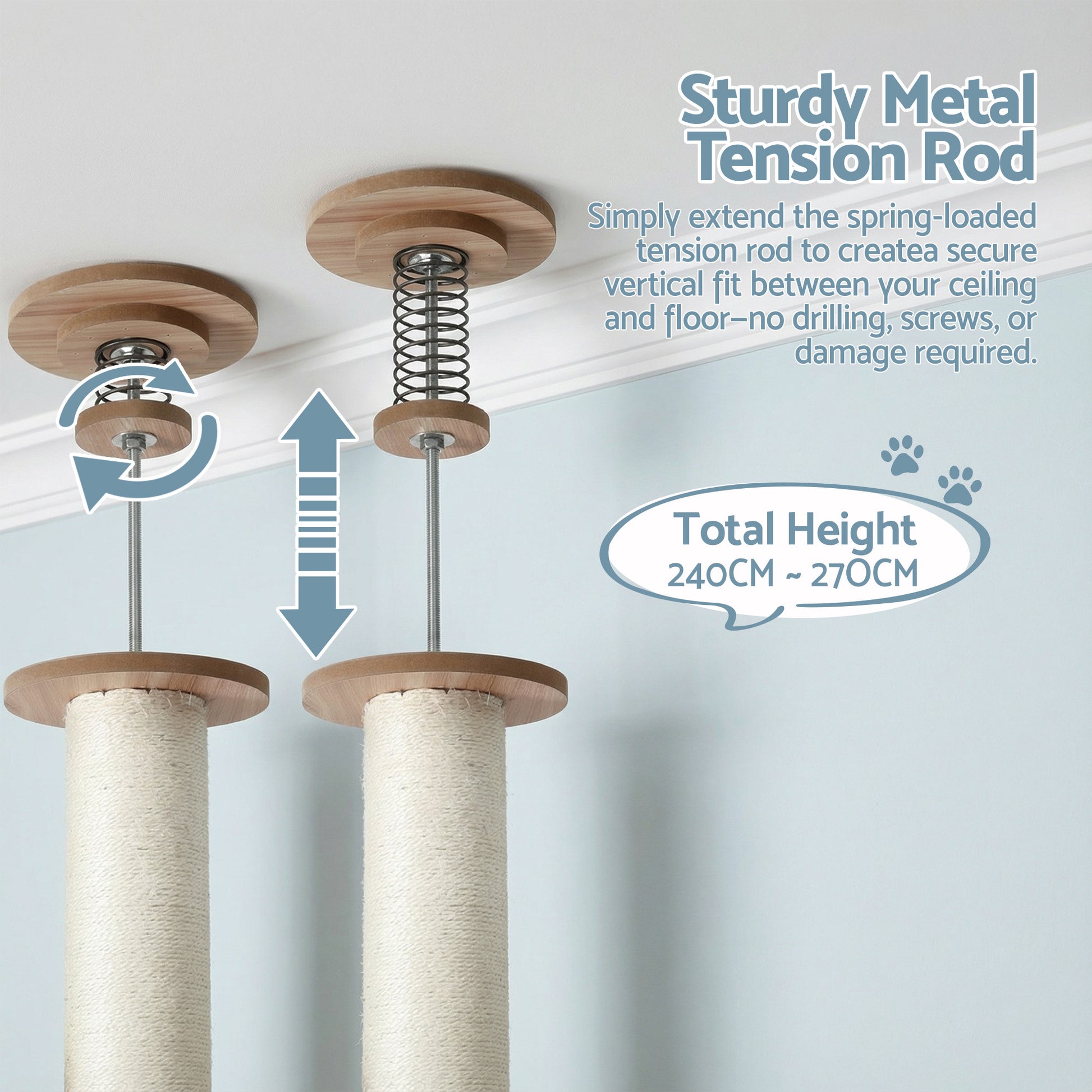 i.Pet Cat Tree Tower Floor to Ceiling Scratching Post 270cm Beige-4