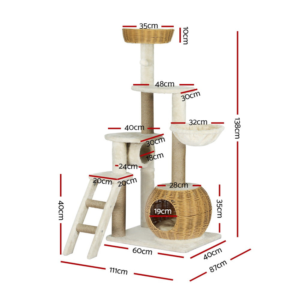 i.Pet Cat Tree 138cm Tower Scratching Post Scratcher Wood Bed Condo House Rattan Ladder-1