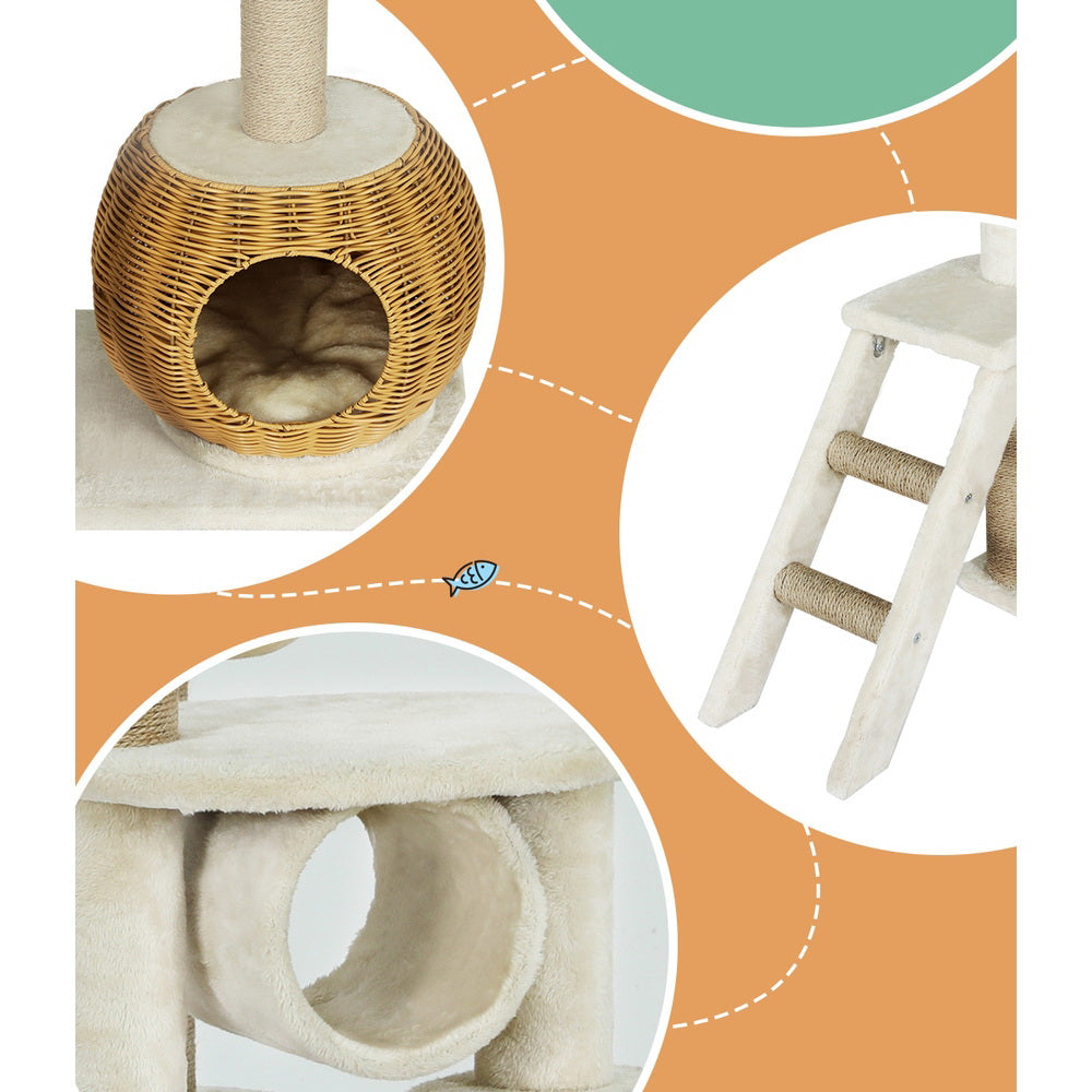 i.Pet Cat Tree 138cm Tower Scratching Post Scratcher Wood Bed Condo House Rattan Ladder-5