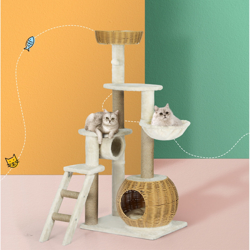 i.Pet Cat Tree 138cm Tower Scratching Post Scratcher Wood Bed Condo House Rattan Ladder-6