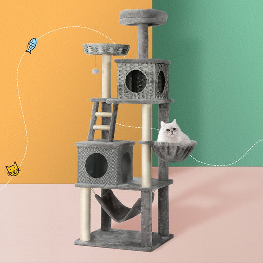i.Pet Cat Tree 169cm Tower Scratching Post Scratcher Wood Bed Condo House Rattan Ladder-0