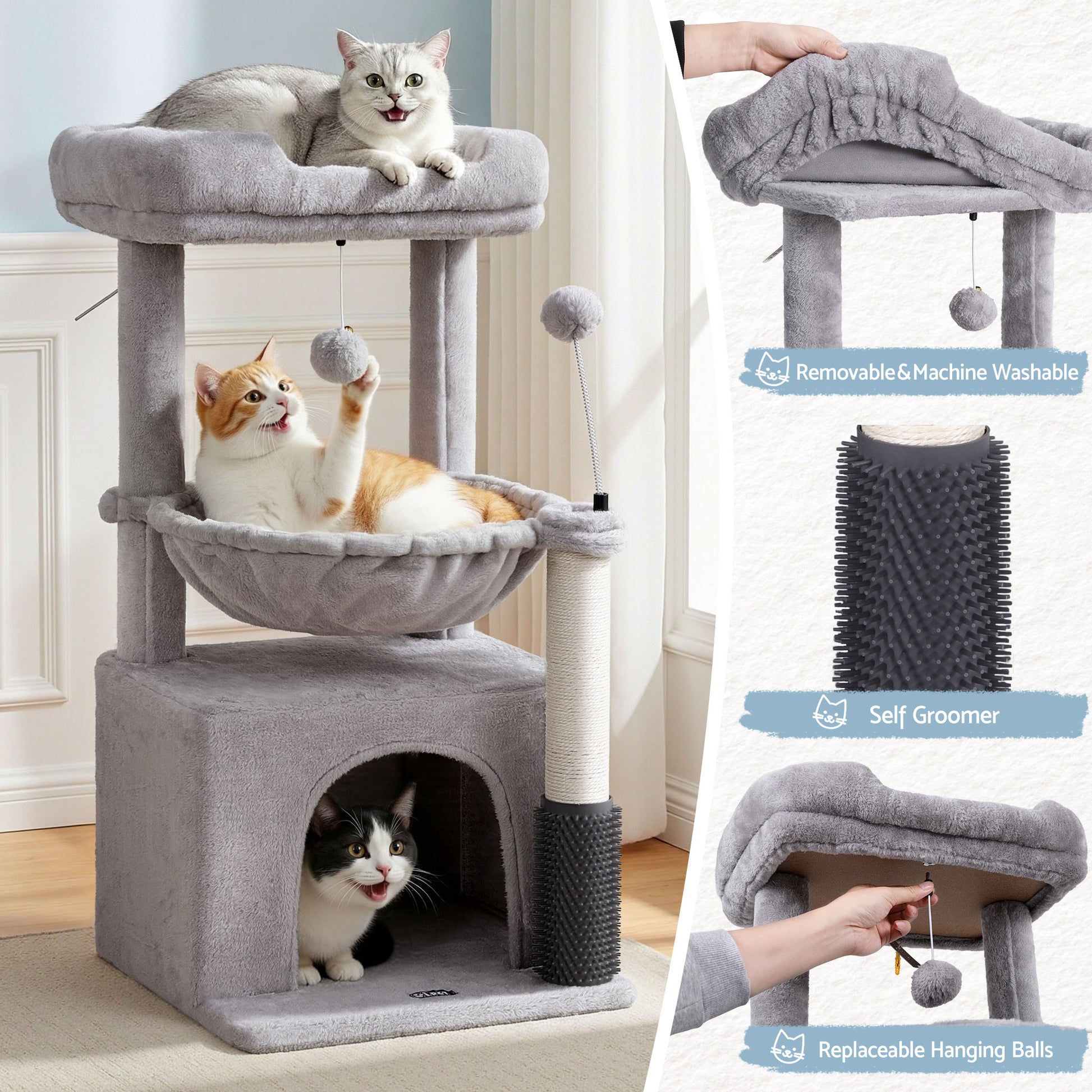 i.Pet Cat Tree Tower 82cm Scratching Post Furniture Scratcher House Light Grey-3