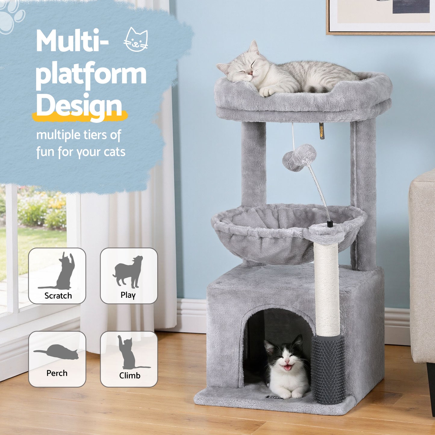 i.Pet Cat Tree Tower 82cm Scratching Post Furniture Scratcher House Light Grey-4