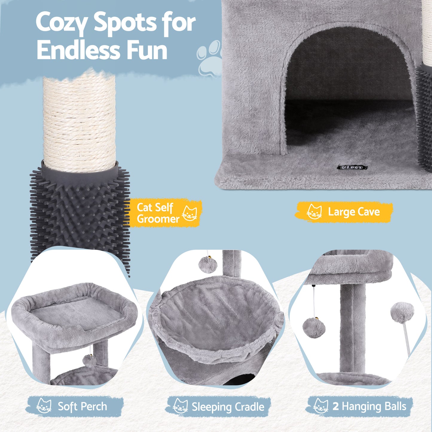 i.Pet Cat Tree Tower 82cm Scratching Post Furniture Scratcher House Light Grey-5