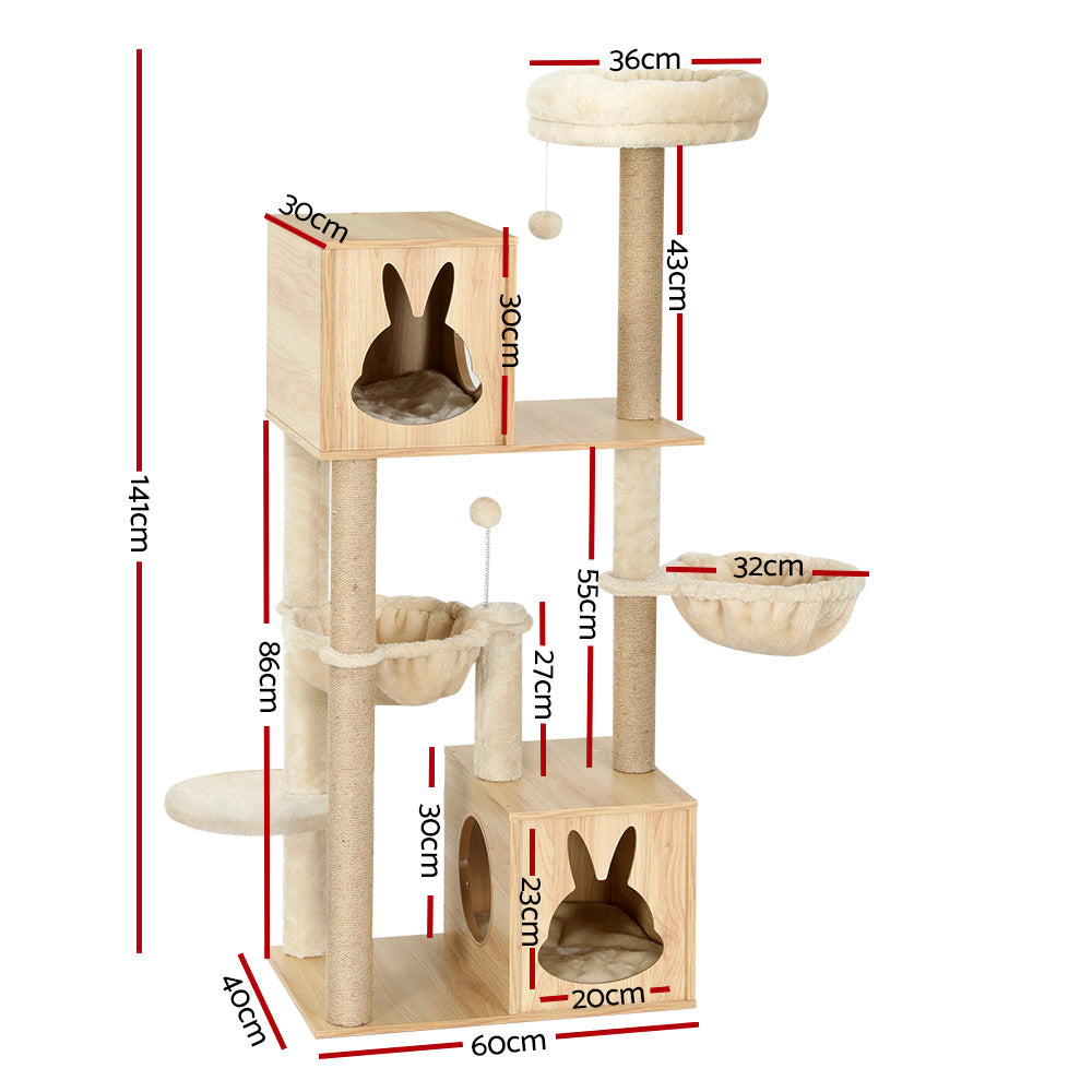 i.Pet Cat Tree 141cm Tower Scratching Post Scratcher Wood Bed Condo Toys House Ladder-1