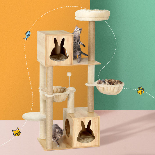i.Pet Cat Tree 141cm Tower Scratching Post Scratcher Wood Bed Condo Toys House Ladder-0