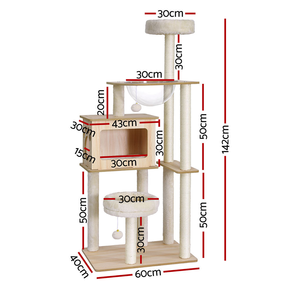 i.Pet Cat Tree Tower Scratching Post Scratcher 142cm Wood Bed Condo House-1