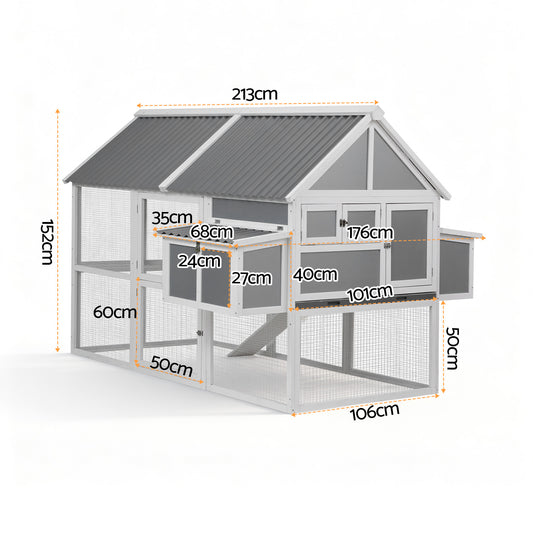 i.Pet Chicken Coop Large Outdoor Rabbit Hutch Chook House Hatch Box With Run Grey White-1