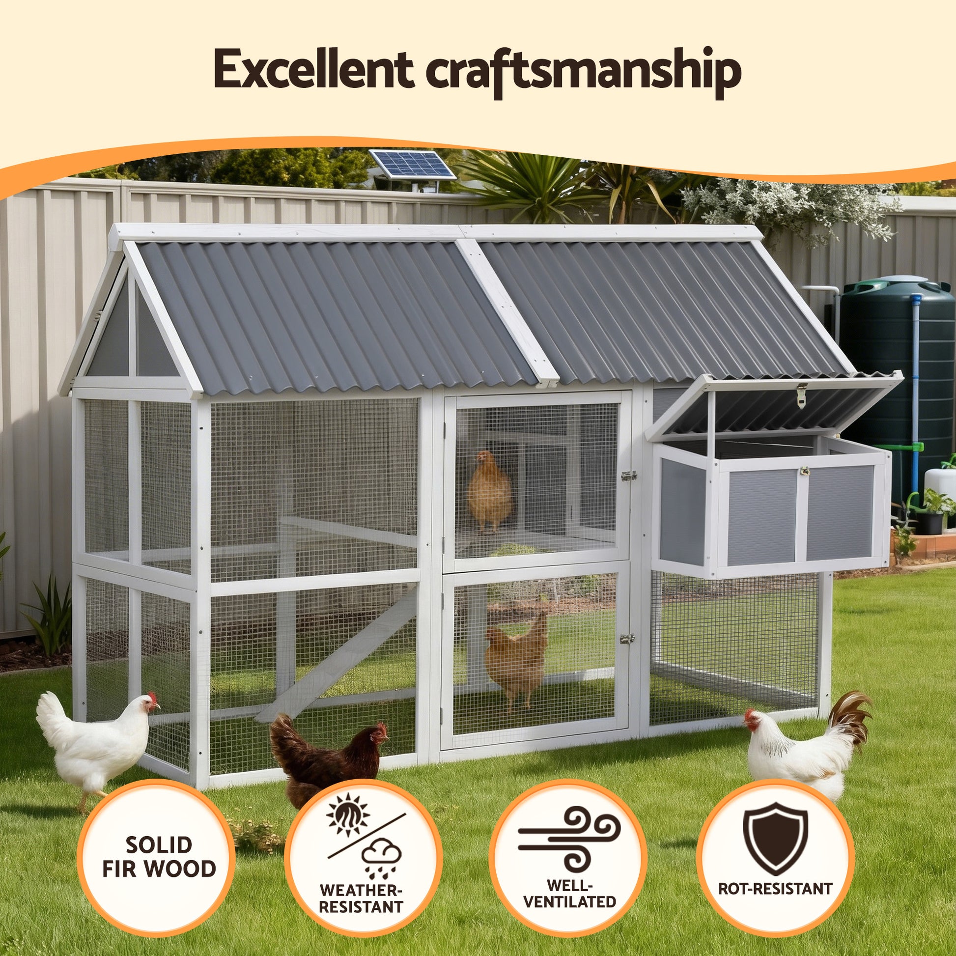 i.Pet Chicken Coop Large Outdoor Rabbit Hutch Chook House Hatch Box With Run Grey White-3
