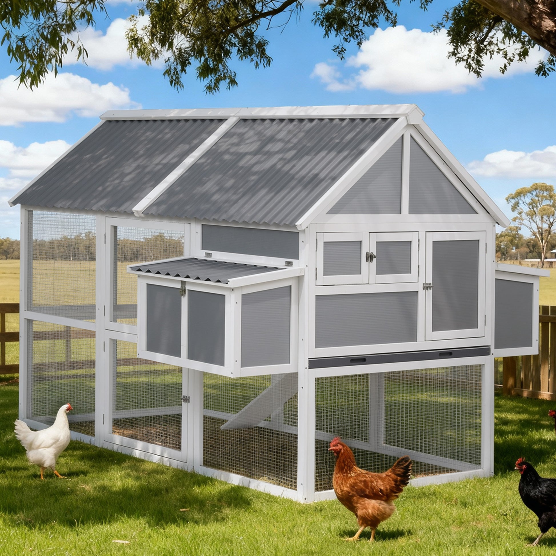 i.Pet Chicken Coop Large Outdoor Rabbit Hutch Chook House Hatch Box With Run Grey White-6