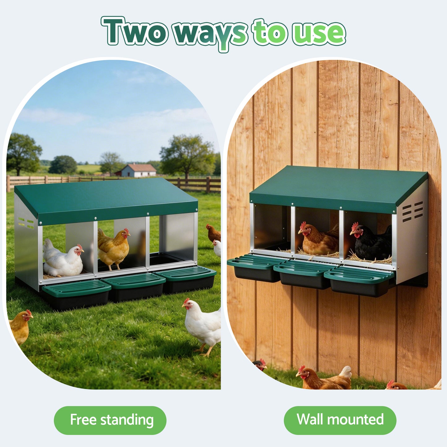 i.Pet Chicken Nesting Box Roll Away 3 Holes Metal Wall Mounted Nest Box Green