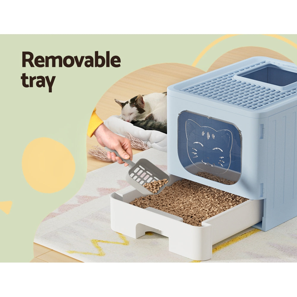 i.Pet Cat Litter Box Large Tray Kitty Toilet Enclosed Hooded Foldable Scoop Blue-4