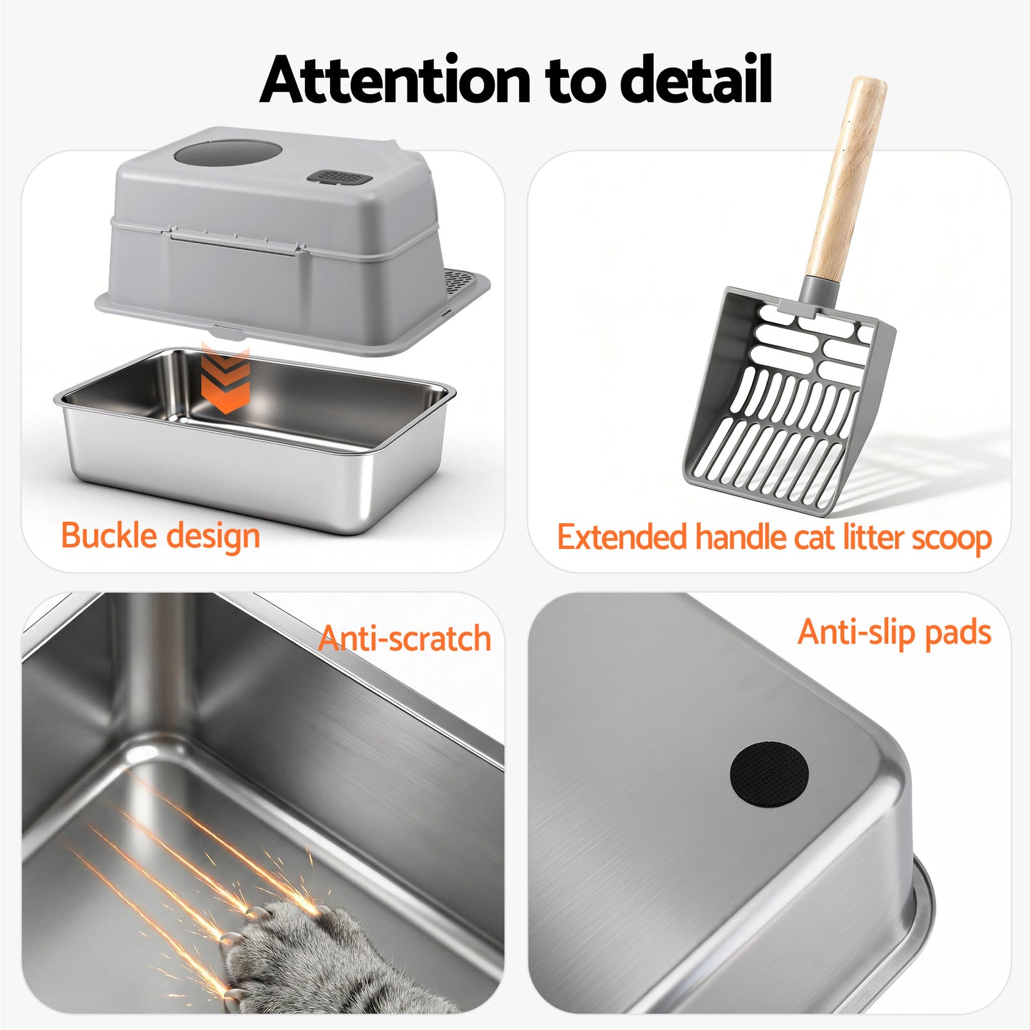 i.Pet Cat Litter Box Large Stainless Steel High Sided Pet Toilet Odour Control