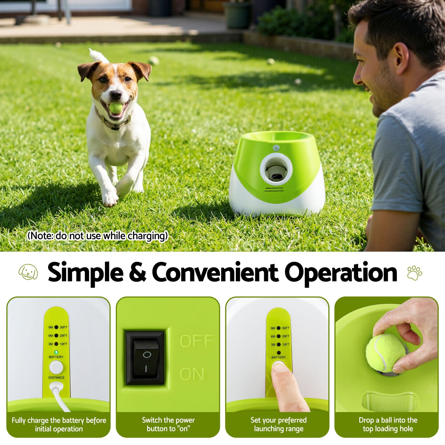 i.Pet Dog Ball Launcher Thrower with 6 Balls & 3/6/9m Launch Distances Green