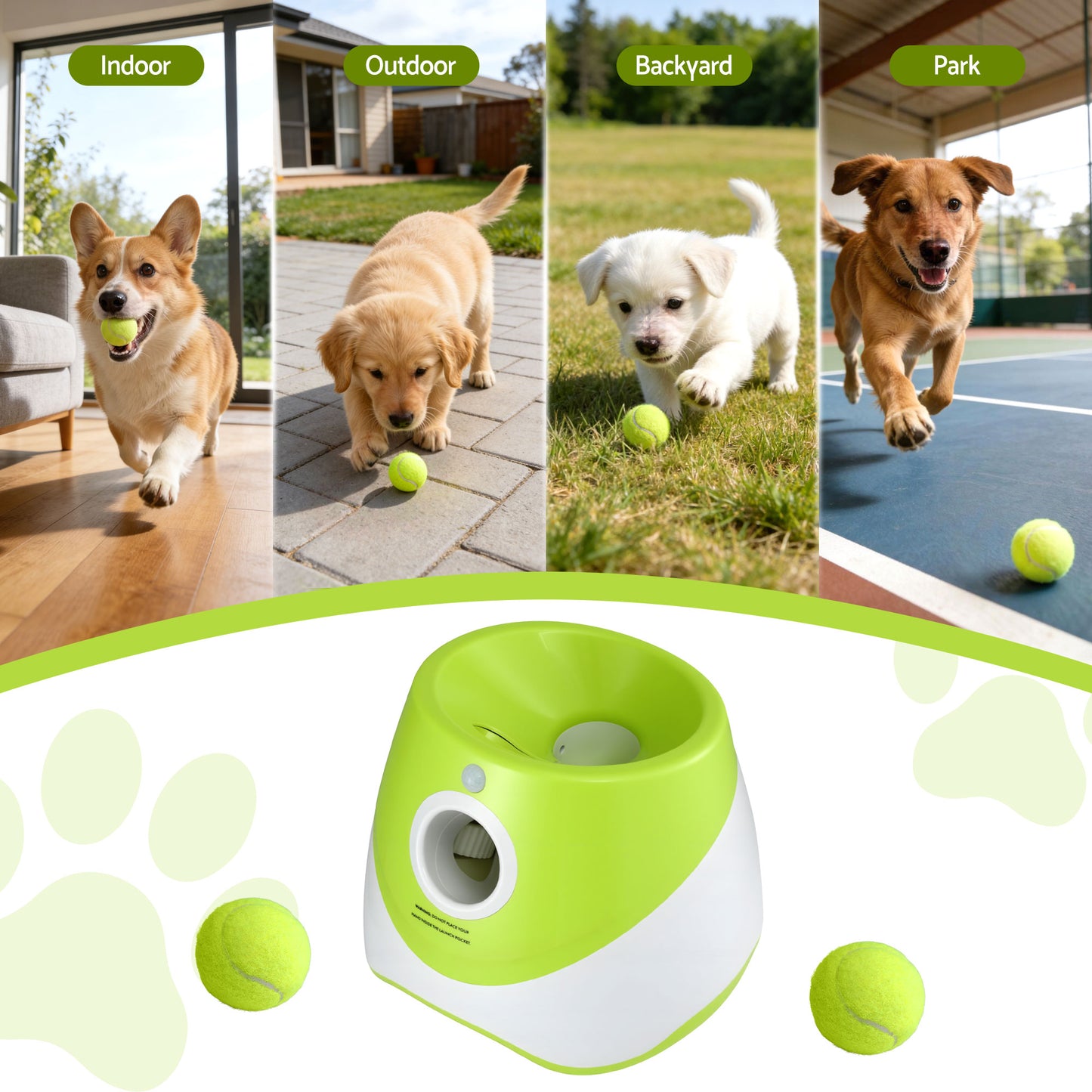 i.Pet Dog Ball Launcher Thrower with 6 Balls & 3/6/9m Launch Distances Green