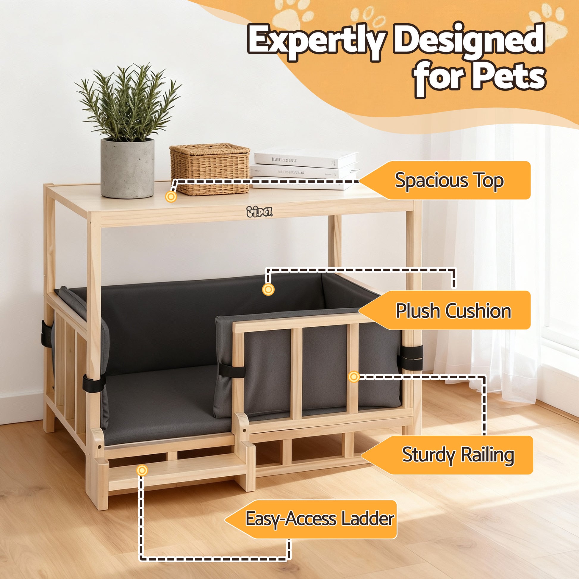 i.Pet 2in1 Dog Kennel Crate Furniture Grey Bedding Wooden House Indoor-4