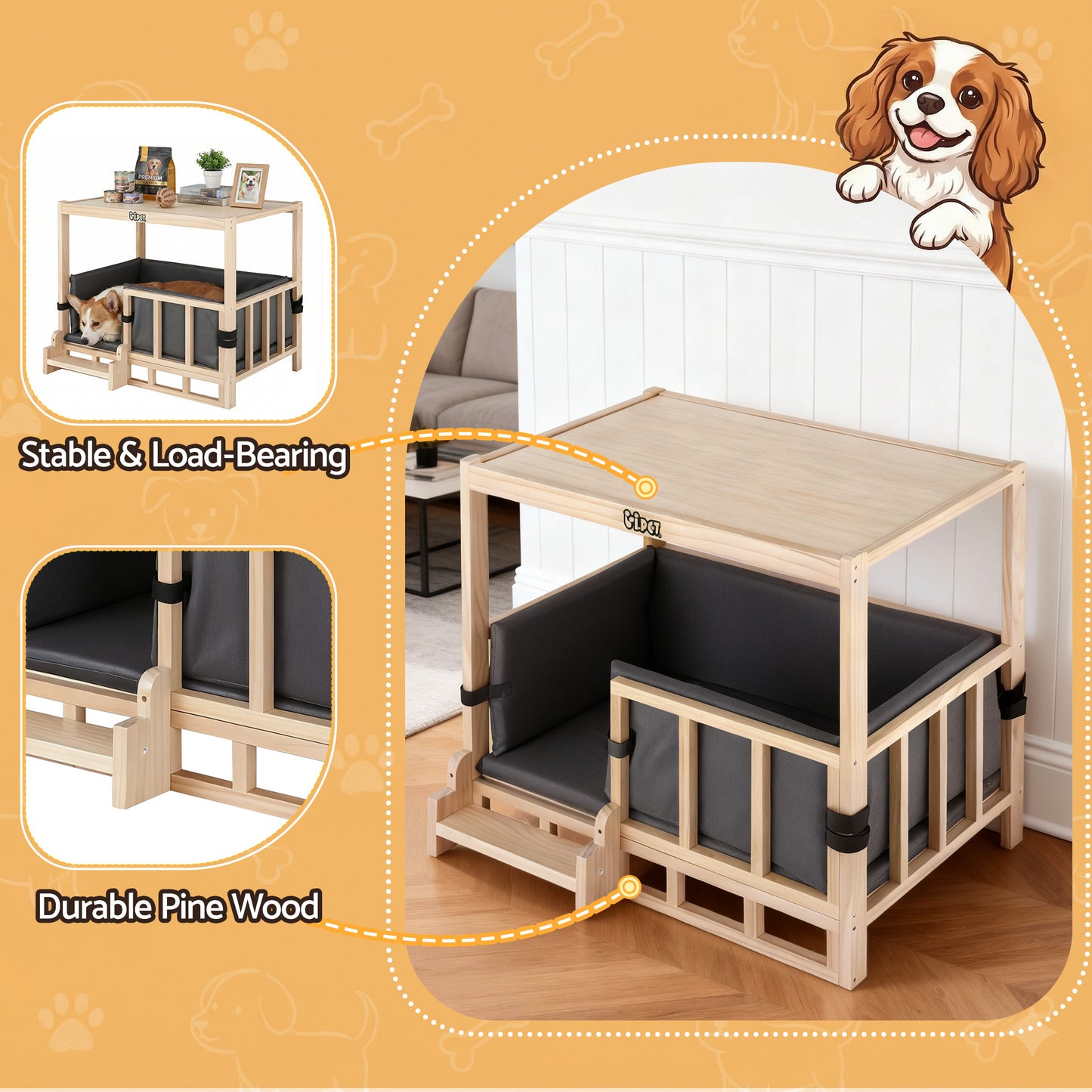 i.Pet 2in1 Dog Kennel Crate Furniture Grey Bedding Wooden House Indoor-6