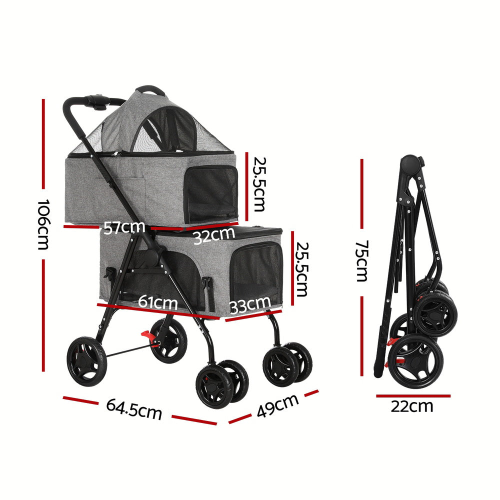 i.Pet Pet Stroller 2-tier Dog Pram Large Cat Carrier Travel Pushchair Foldable-1