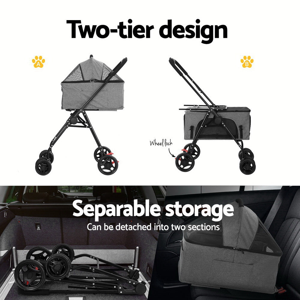 i.Pet Pet Stroller 2-tier Dog Pram Large Cat Carrier Travel Pushchair Foldable-3