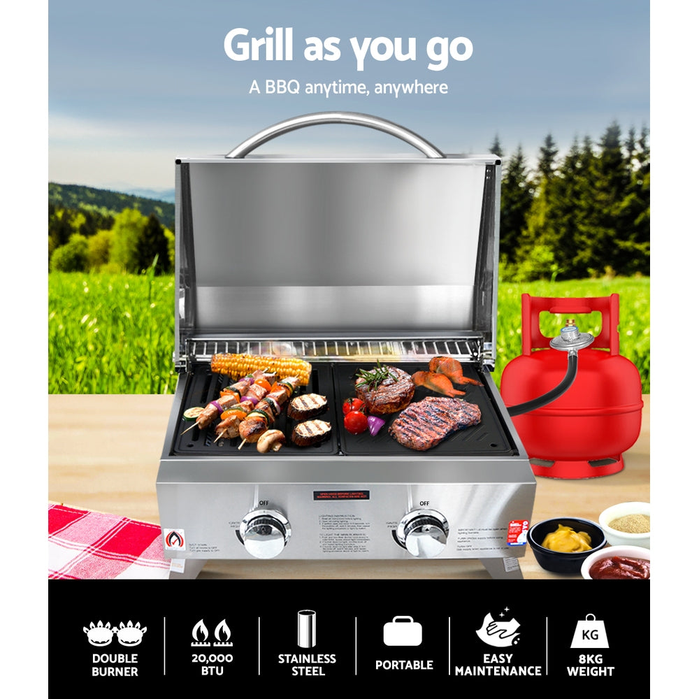 Grillz Portable Gas BBQ Grill 2 Burners with Double Sided Plate-2