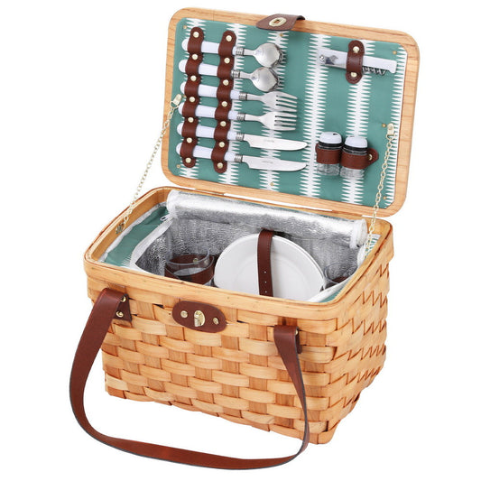 Alfresco 2 Person Picnic Basket Set Wooden Cooler Bag Plates Outdoor Insulated-0