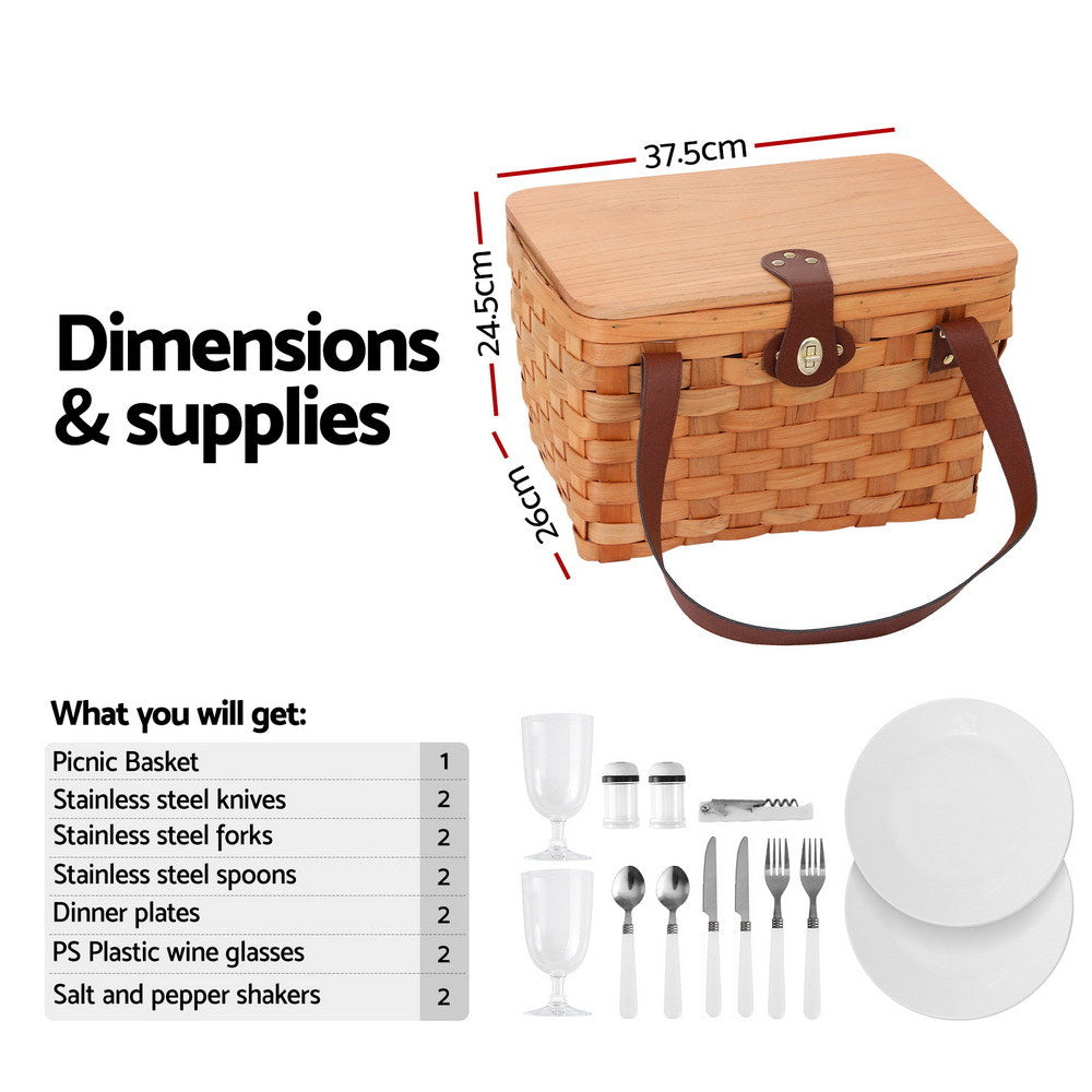 Alfresco 2 Person Picnic Basket Set Wooden Cooler Bag Plates Outdoor Insulated-1