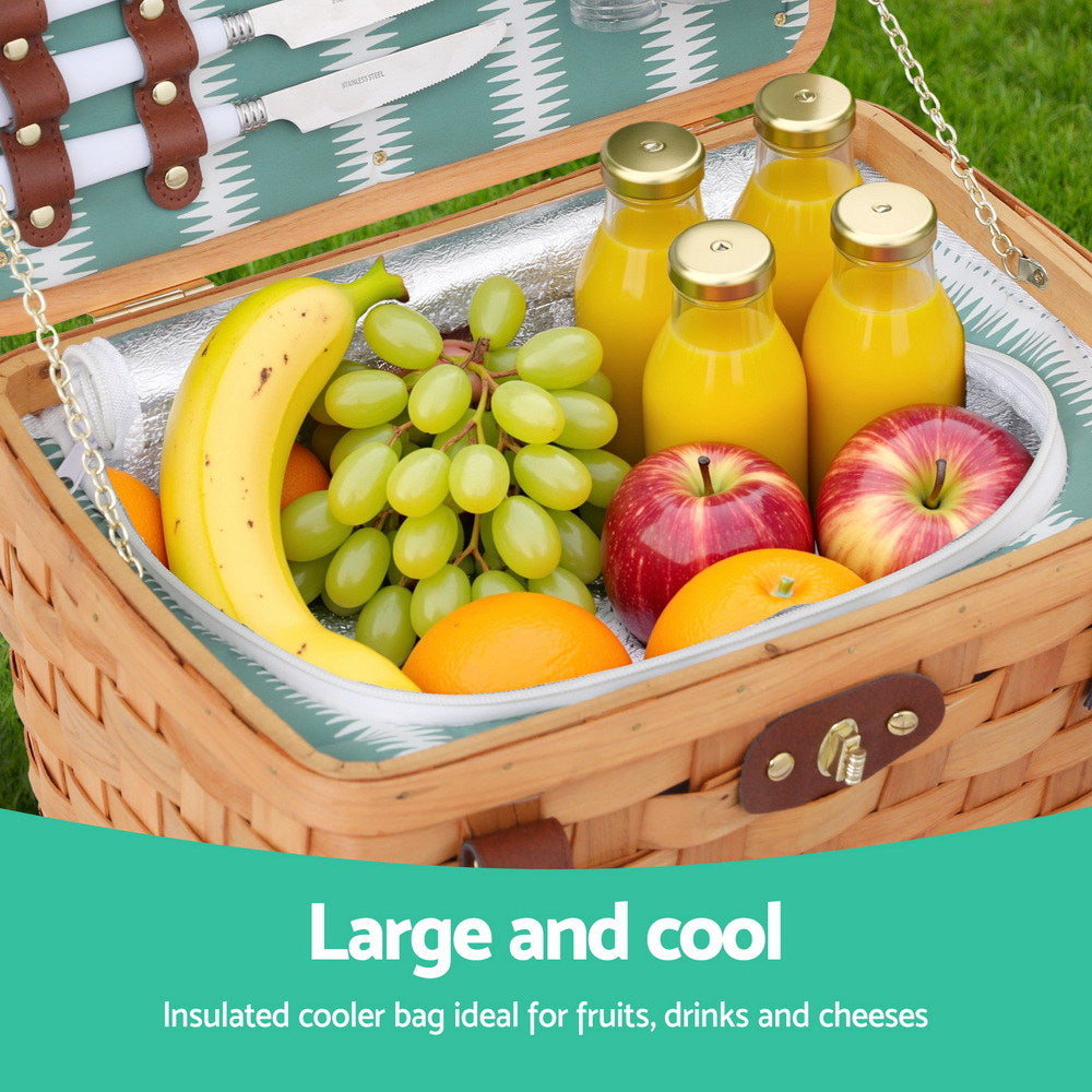 Alfresco 2 Person Picnic Basket Set Wooden Cooler Bag Plates Outdoor Insulated-4