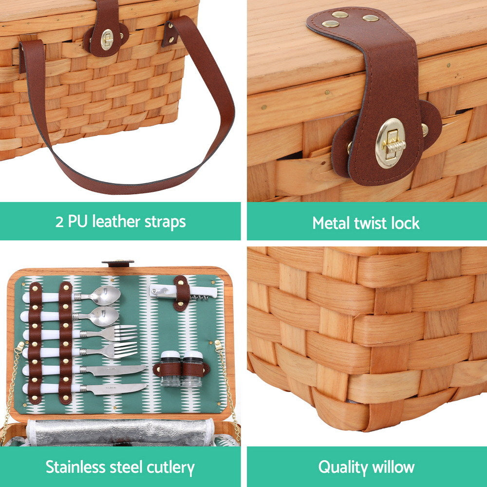 Alfresco 2 Person Picnic Basket Set Wooden Cooler Bag Plates Outdoor Insulated-5