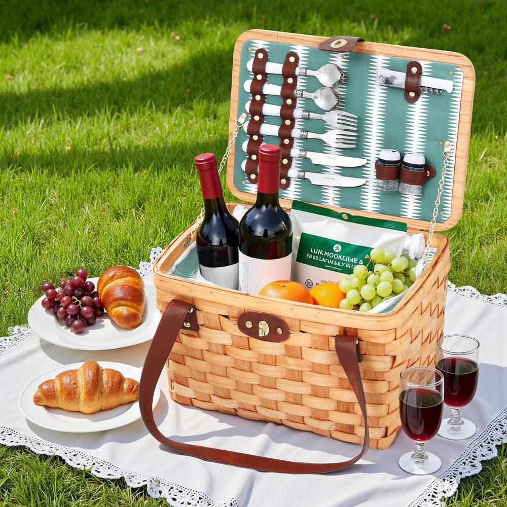 Alfresco 2 Person Picnic Basket Set Wooden Cooler Bag Plates Outdoor Insulated-6
