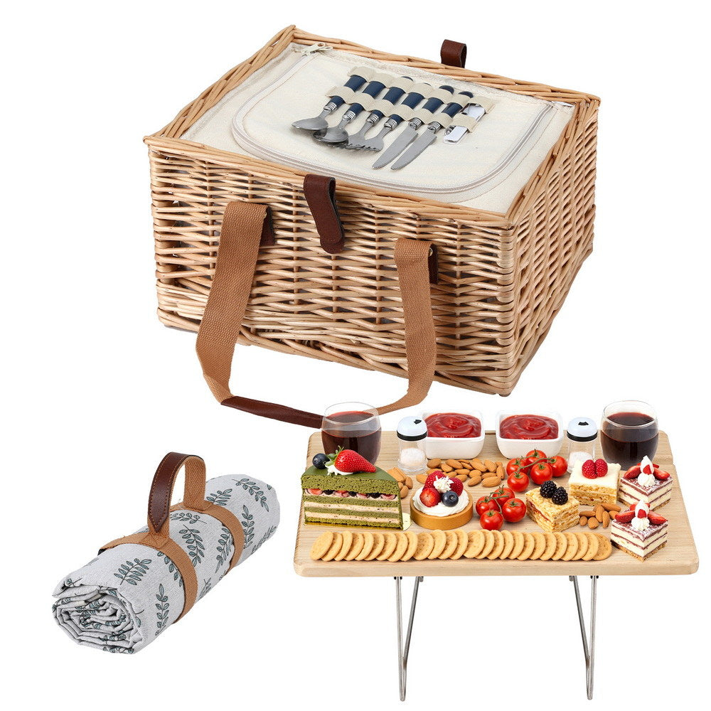 Alfresco 2 Person Picnic Basket Set with Table Blanket Cooler Wooden Insulated-0