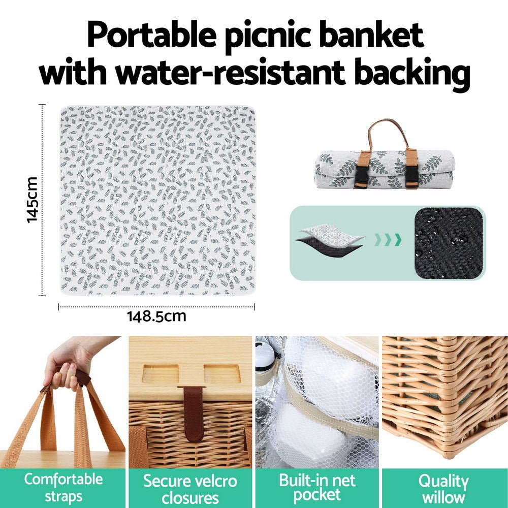 Alfresco 2 Person Picnic Basket Set with Table Blanket Cooler Wooden Insulated-5