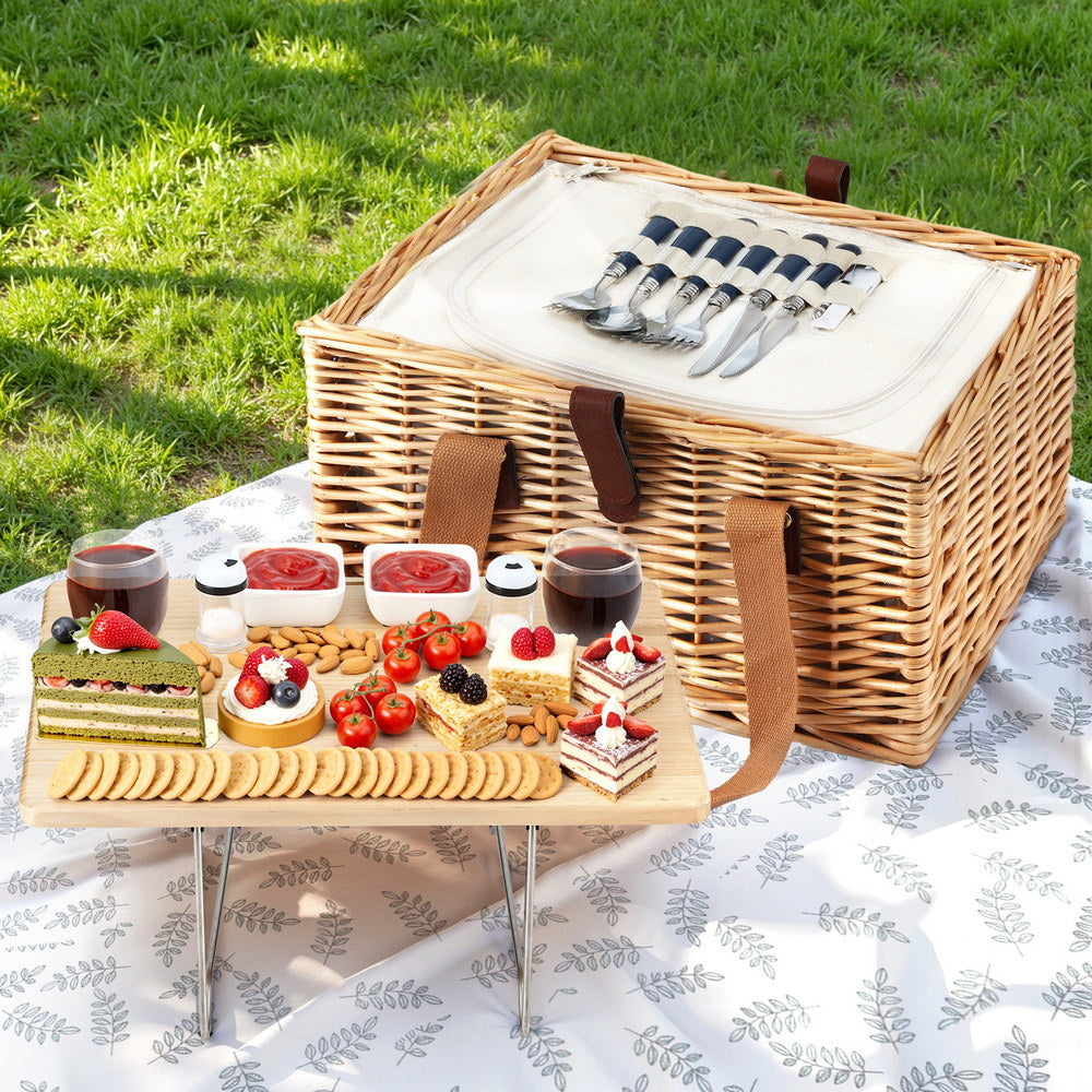 Alfresco 2 Person Picnic Basket Set with Table Blanket Cooler Wooden Insulated-6