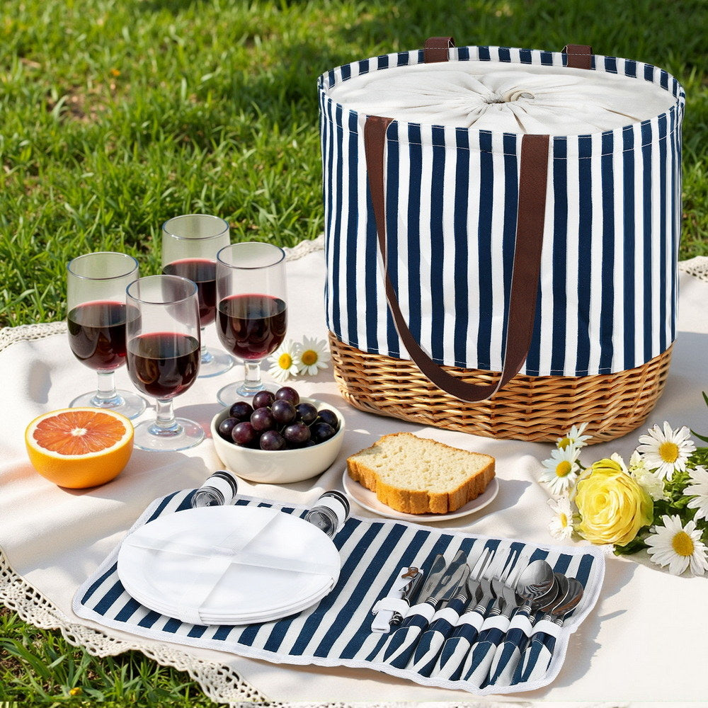 Alfresco 4 Person Picnic Basket Bag Set Wooden Blanket Cooler Outdoor Insulated-6