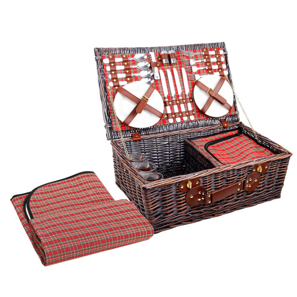 Alfresco 4 Person Picnic Basket Set Insulated Blanket Bag Red-0