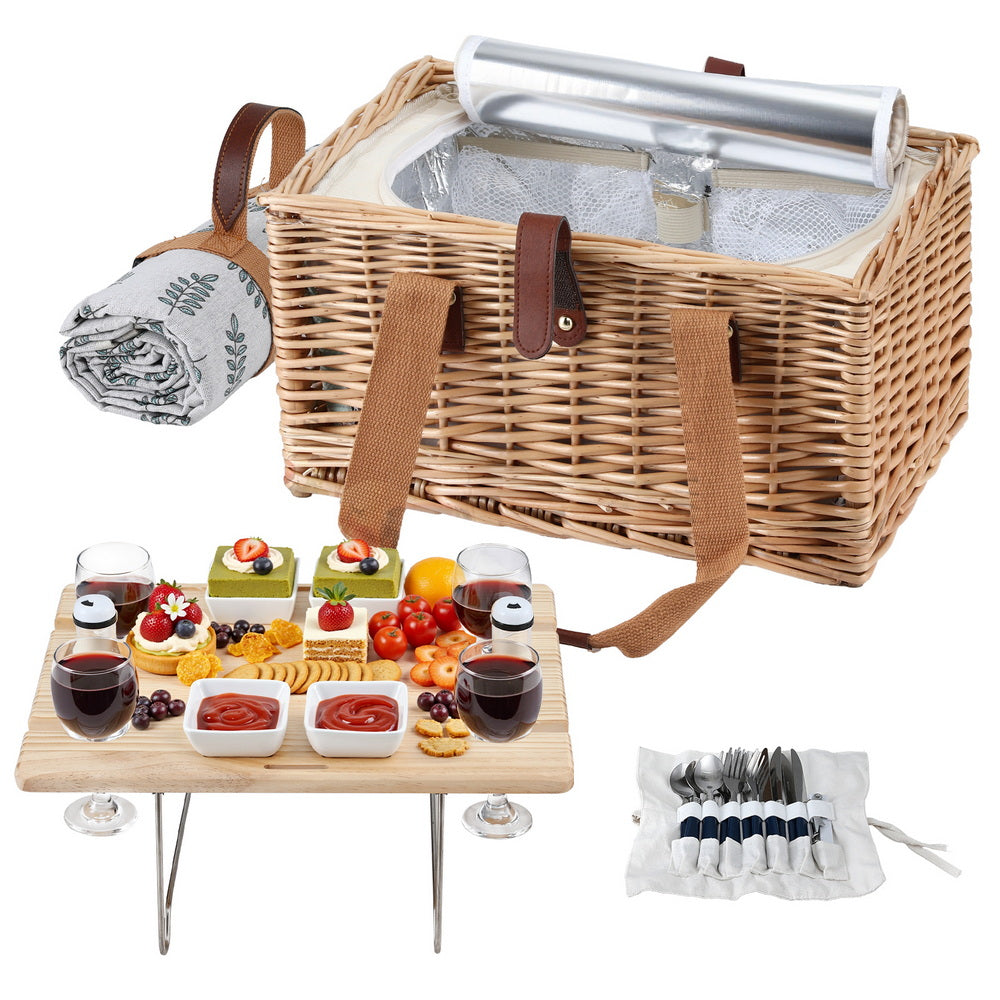 Alfresco 4 Person Picnic Basket Set with Table Blanket Cooler Wooden Insulated-0