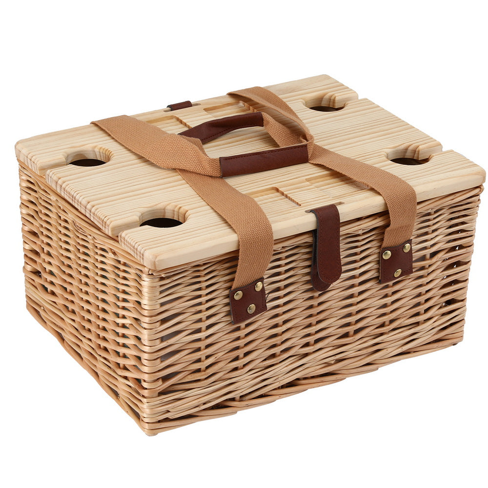 Alfresco 4 Person Picnic Basket Set with Table Blanket Cooler Wooden Insulated-2