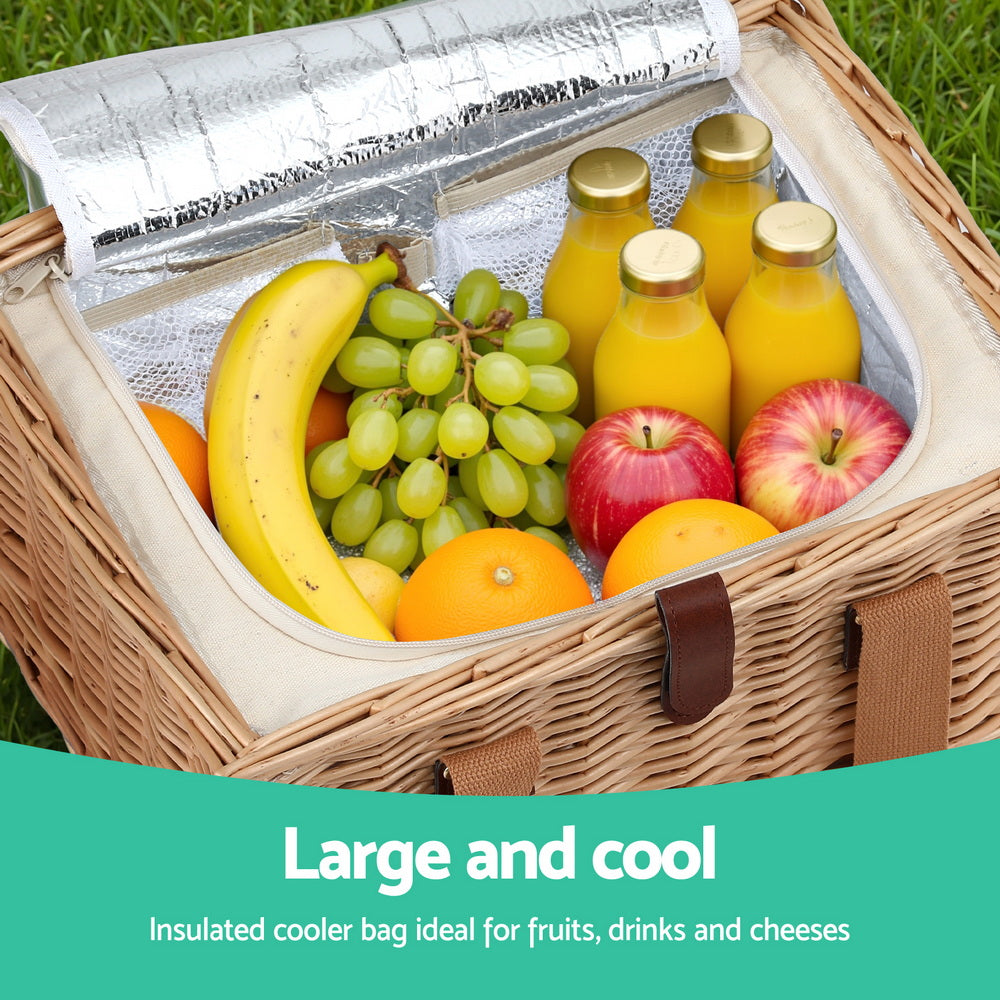 Alfresco 4 Person Picnic Basket Set with Table Blanket Cooler Wooden Insulated-4