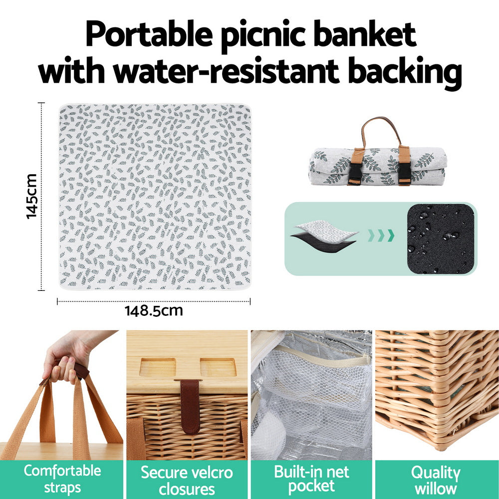 Alfresco 4 Person Picnic Basket Set with Table Blanket Cooler Wooden Insulated-5