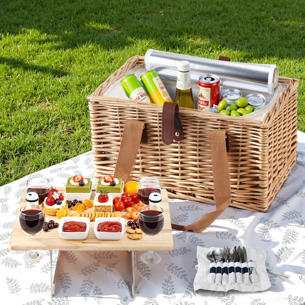 Alfresco 4 Person Picnic Basket Set with Table Blanket Cooler Wooden Insulated-6