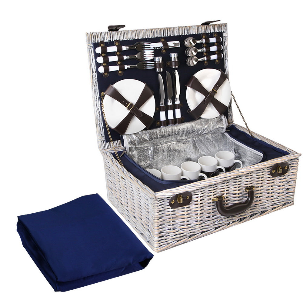 Alfresco 6 Person Picnic Basket Set Cooler Bag Insulated Blanket Plates Navy-0