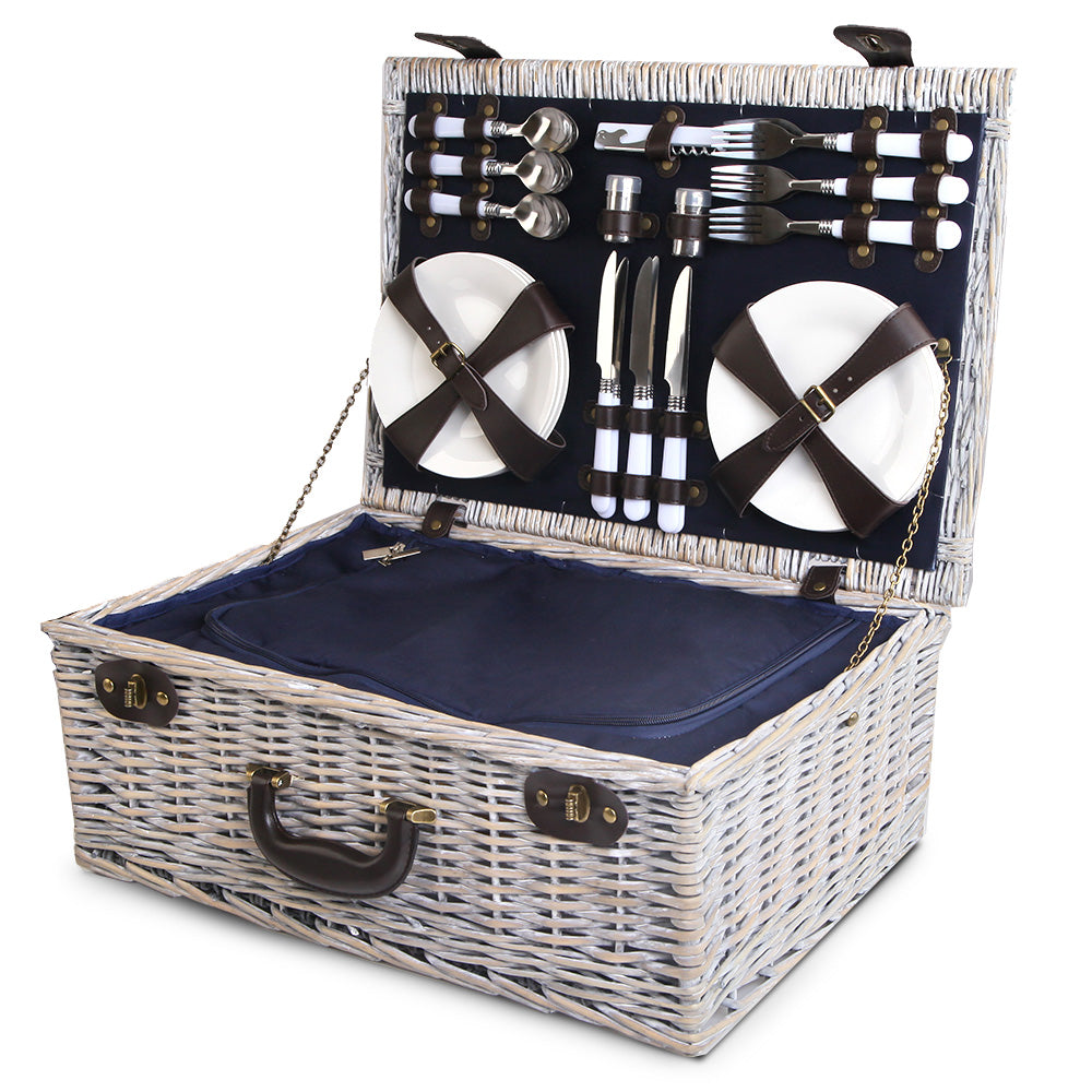 Alfresco 6 Person Picnic Basket Set Cooler Bag Insulated Blanket Plates Navy-2