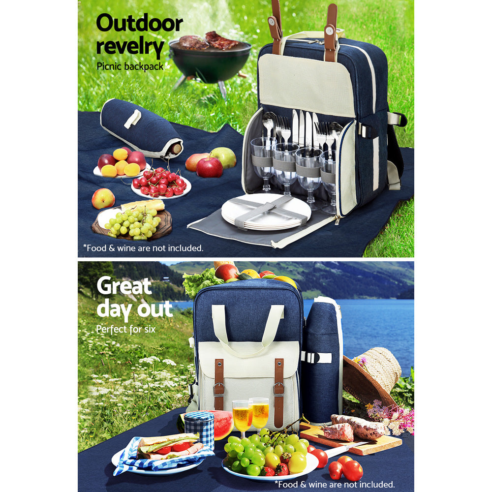 Alfresco 4 Person Picnic Basket Set Backpack Bag Insulated Blue-4