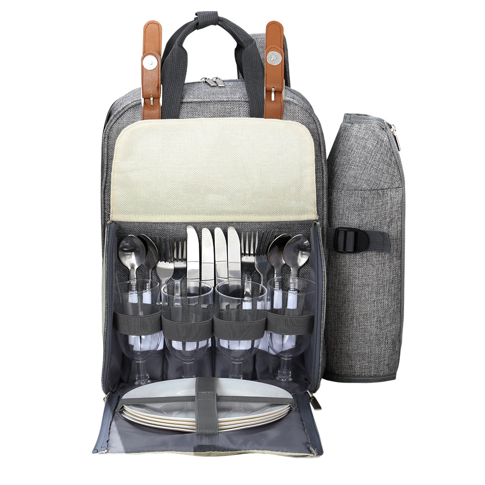 Alfresco 4 Person Picnic Basket Set Backpack Bag Insulated Grey-2