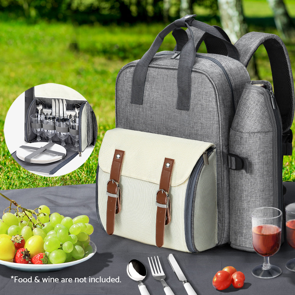 Alfresco 4 Person Picnic Basket Set Backpack Bag Insulated Grey-7