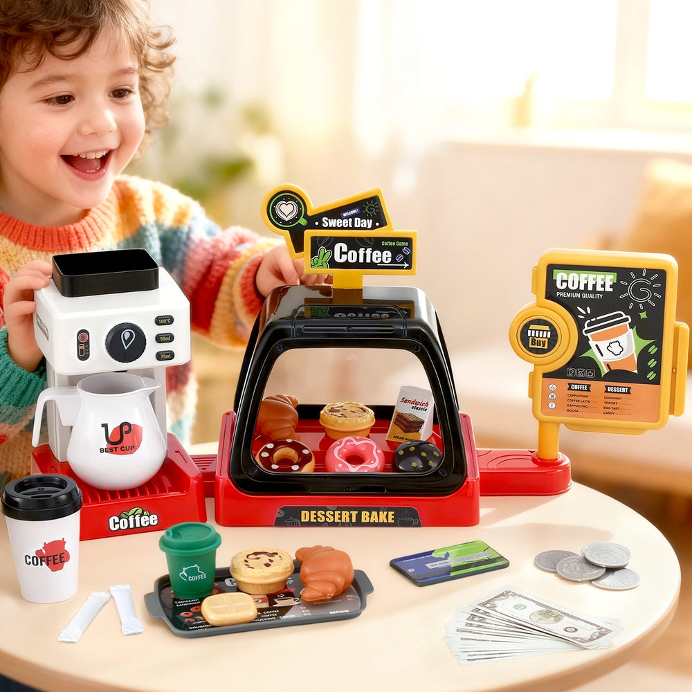 Keezi Kids Pretend Role Play Toy Coffee Shop with Coffee Maker Machine Play Money Food Tea Party Set-0