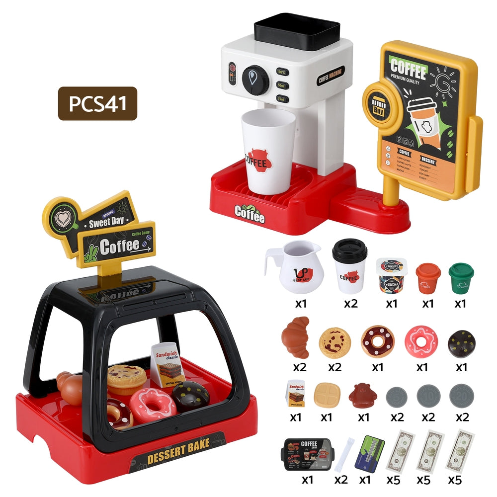 Keezi Kids Pretend Role Play Toy Coffee Shop with Coffee Maker Machine Play Money Food Tea Party Set-3