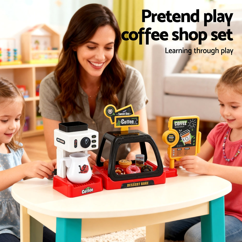 Keezi Kids Pretend Role Play Toy Coffee Shop with Coffee Maker Machine Play Money Food Tea Party Set-4