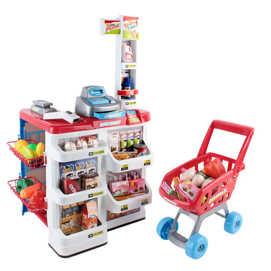 Keezi Kids Pretend Role Play Supermarket 24 Piece Playset Cash Register Trolley-0