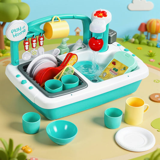 Keezi Kids Kitchen Play Set Play Pretend Sink Dishwasher Toys Green-0